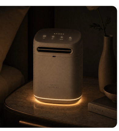 Somnara Aura™ glowing on a nightstand in a dark bedroom