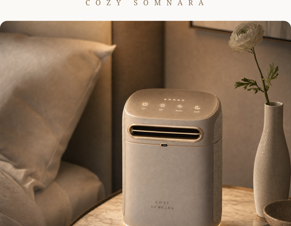 Somnara Aura™ bedside air purifier on a nightstand in a softly lit bedroom