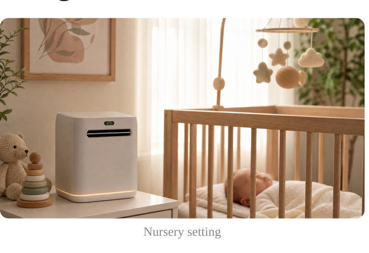 Somnara Aura™ in a family bedroom — quiet air purification for the whole household
